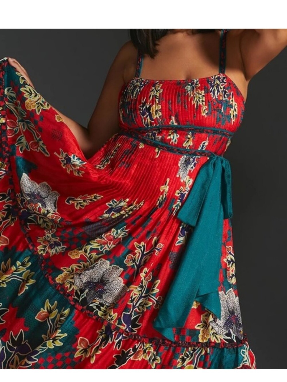 Anthropologie Bhanuni by Jyoti Pleated Floral Maxi Dress red tiered Sz. XL - Picture 2 of 9